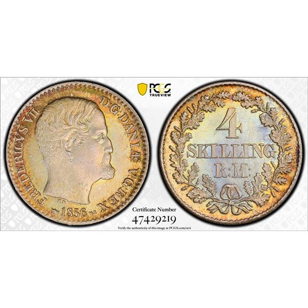 DENMARK: Frederik VII, 1848-1863, AR 4 skilling rigsmønt, 1856, PCGS MS66