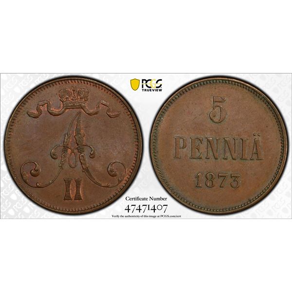 FINLAND: Alexander II, 1855-1881, AE 5 penniä, 1873, PCGS AU58