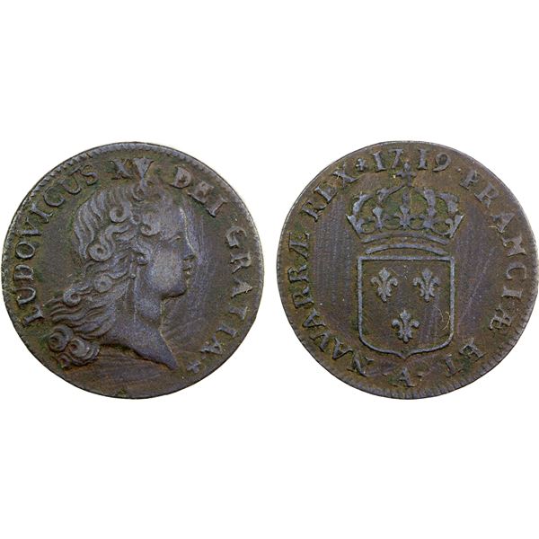 FRANCE: Louis XV, 1715-1774, AE sol, 1719-A, VF