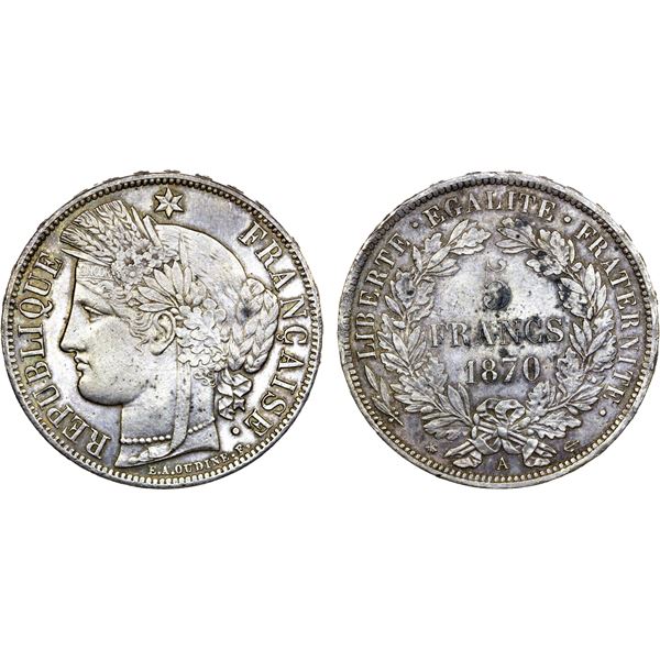 FRANCE: Third Republic, AR 5 francs, 1870-A, choice EF
