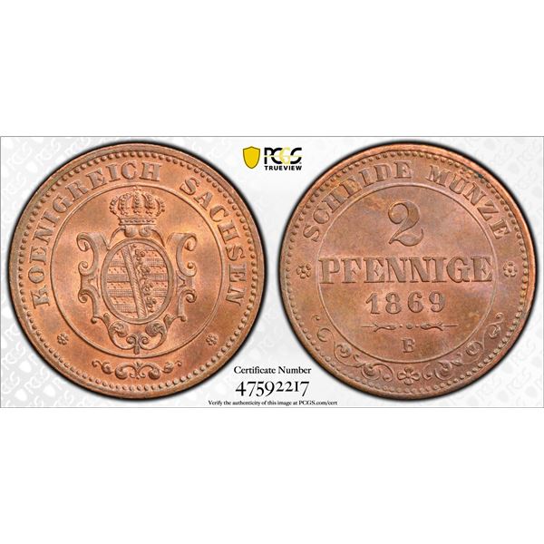 SAXONY: Johann, 1854-1873, AE 2 pfennig, 1869-B, PCGS MS65 RB