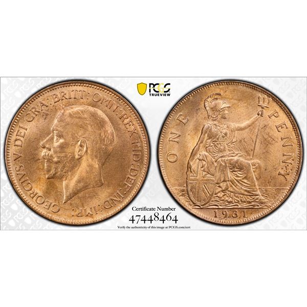 GREAT BRITAIN: George V, 1911-1936, AE penny, 1931, PCGS MS65 RB