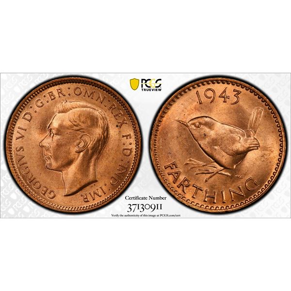 GREAT BRITAIN: George VI, 1936-1952, AE farthing, 1943, PCGS MS65 RD