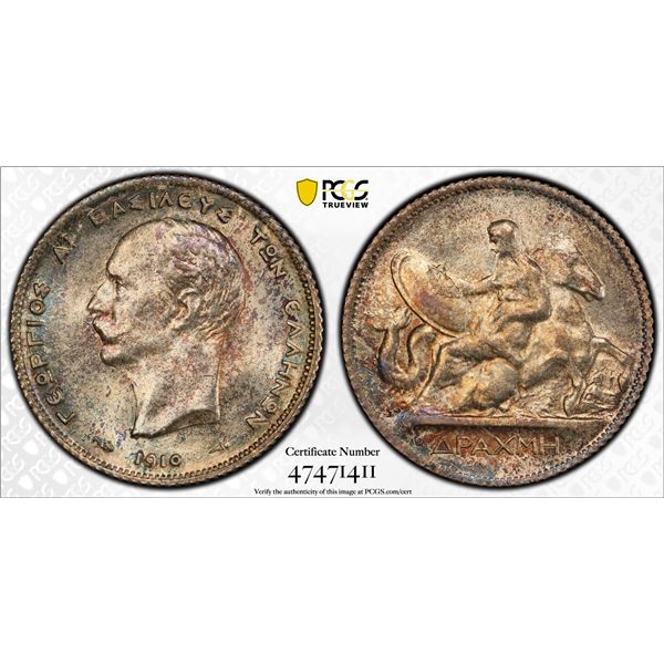 GREECE: George I, 1863-1913, AR drachma, 1910, PCGS MS64