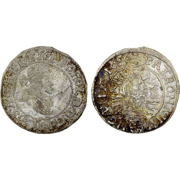 HUNGARY: Leopold I (the Hogmouth), 1657-1705, AR 3 krajczar, 1686-KB, choice EF
