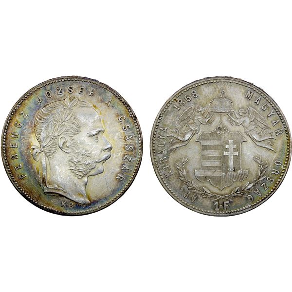 HUNGARY: Franz Josef I, 1848-1916, AR forint, Kremnitz, 1868-KB, EF
