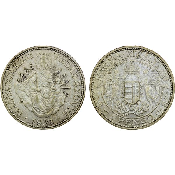 HUNGARY: Nicolas Horthy, 1920-1944, AR 2 pengo, 1931-BP, About EF