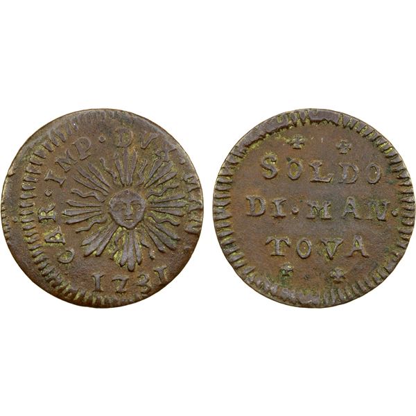 MANTUA: Carlo VI, 1707-1740, AE soldo, 1731, VF