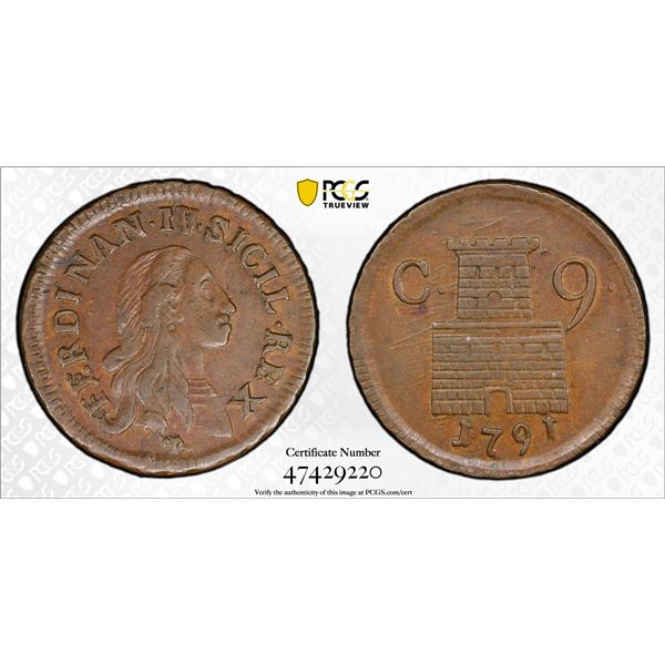 NAPLES & SICILY: Ferdinando IV, first reign, 1759-1799, AE 9 cavalli, 1791, PCGS AU58