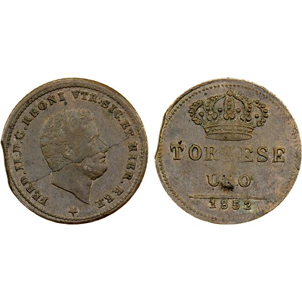 NAPLES & SICILY: Ferdinando II, 1830-1859, AE tornese, 1852, AU