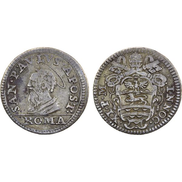 PAPAL STATES: Innocent XI, 1676-1689, AR 1/2 grosso, Rome, ND, VF