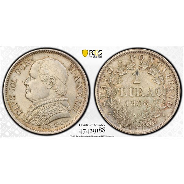 PAPAL STATES: Pius IX, 1846-1878, AR lira, 1868-R year XXIII, PCGS MS64