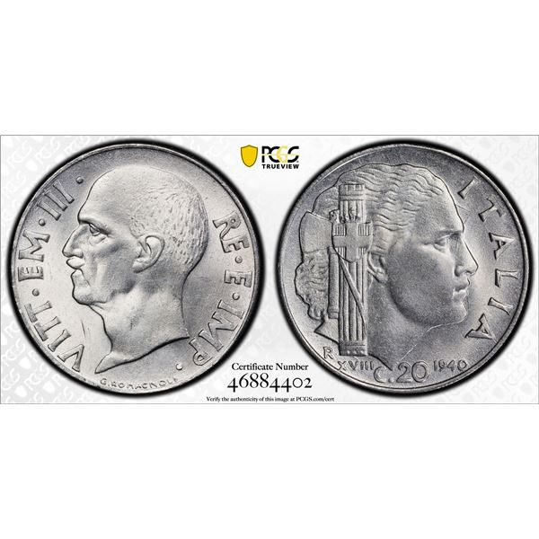 ITALY: Vittorio Emanuel III, 1900-1946, 20 centesimi, 1940-R, PCGS MS65