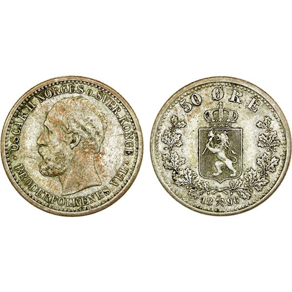 NORWAY: Oscar II, 1872-1905, AR 50 øre, 1896, EF