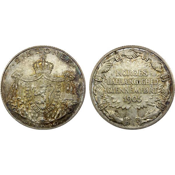 NORWAY: Haakon VII, 1905-1957, AR 2 kroner, 1906, choice AU