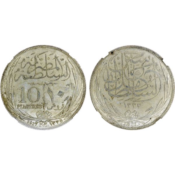 EGYPT: Hussein Kamel, 1914-1917, AR 10 piastres, 1917-H/AH1335, NGC MS61