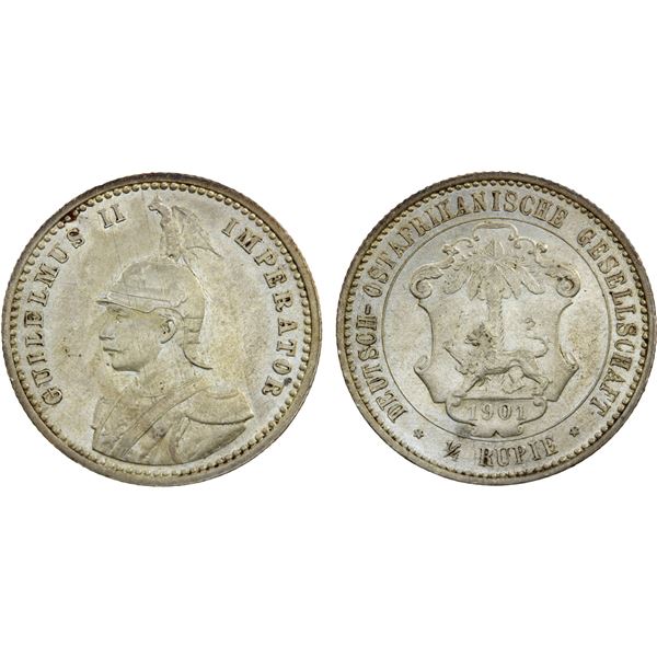 GERMAN EAST AFRICA: Wilhelm II, 1888-1918, AR 1/4 rupie, 1901, Choice EF