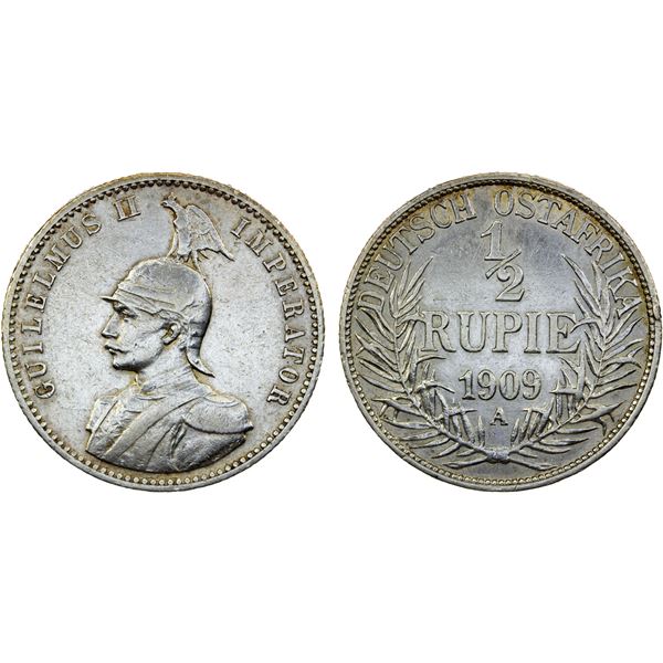 GERMAN EAST AFRICA: Wilhelm II, 1888-1918, AR 1/2 rupie, 1909-A, EF