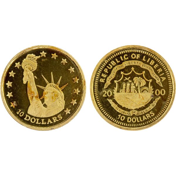 LIBERIA: Republic, AV 10 dollars (0.5g), 2000, Proof