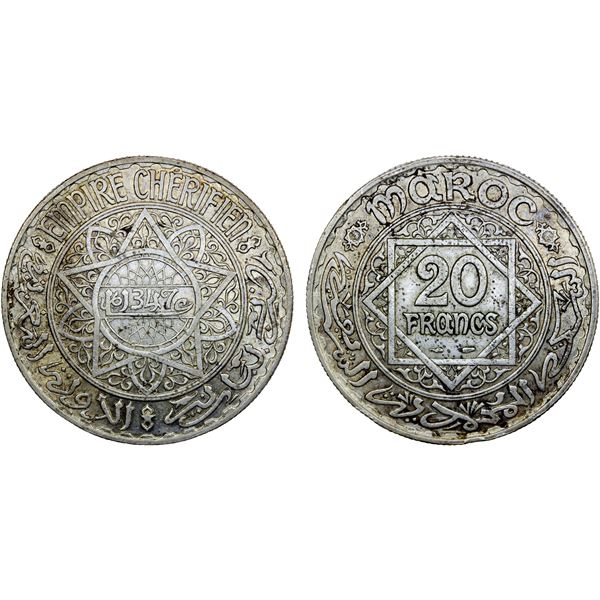 MOROCCO: Mohamamad V, 1927-1955, AR 20 francs, AH1347(a), choice AU