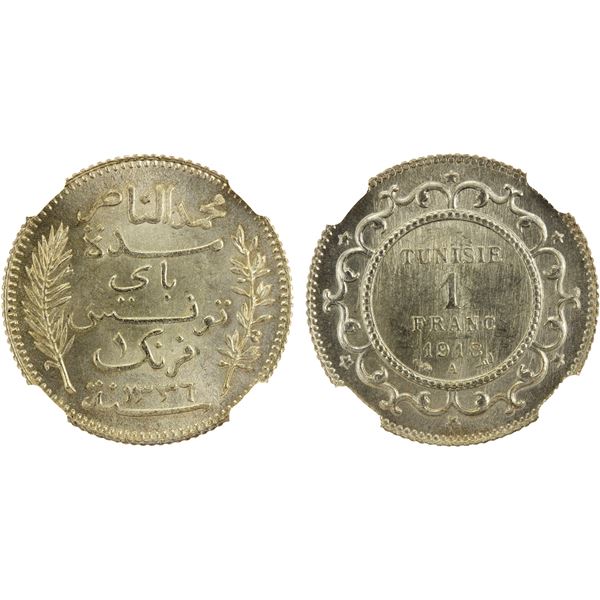 TUNISIA: Muhammad V, 1906-1922, AR franc, 1918/AH1336, NGC MS65