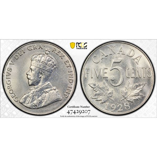 CANADA: George V, 1910-1936, 5 cents, 1928, PCGS MS64