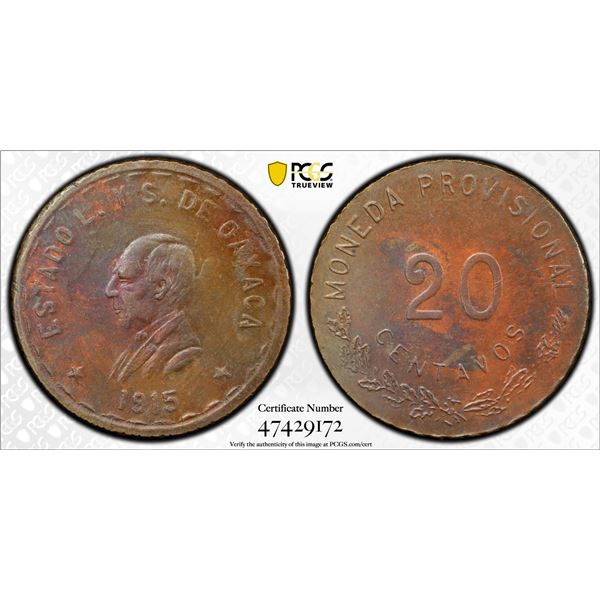 MEXICO: Revolutionary Issue, AE 20 centavos, Oaxaca, 1915, PCGS UNC Details