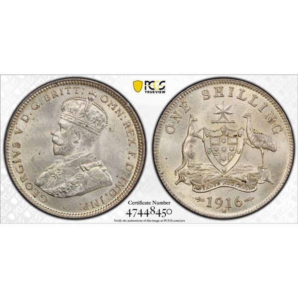 AUSTRALIA: George V, 1910-1936, AR shilling, 1916-M, PCGS MS63