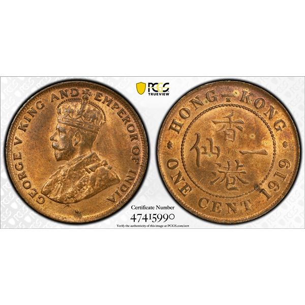 HONG KONG: George V, 1910-1936, AE cent, 1919-H, PCGS MS64 RB