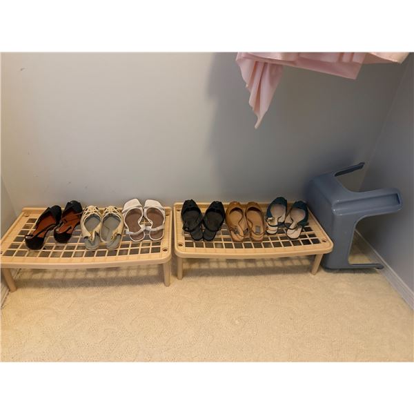Shoe shelves, shoes size 6ish  and stool