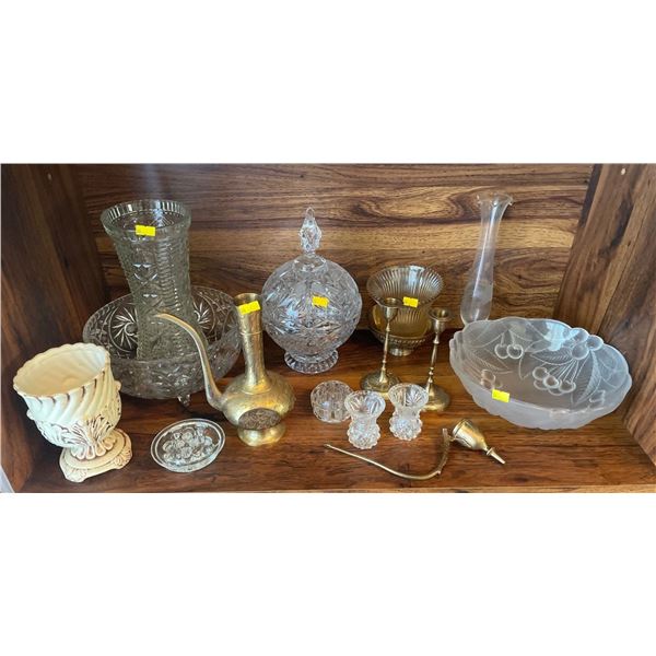 Contents Of Entire Shelf - Crystal, Glass, Brass & More