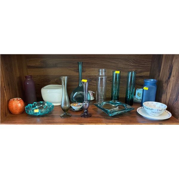 Entire Contents Of Shelf - Includes Color Glass Vases, Ashtrays, & More