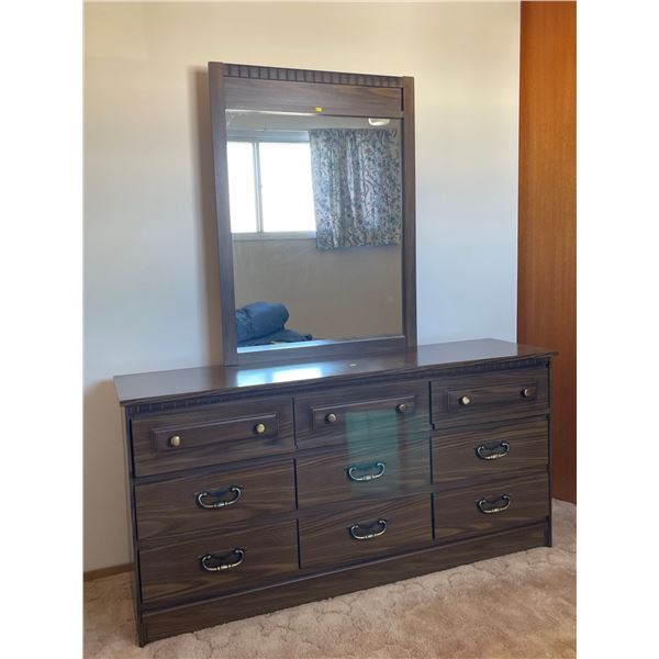 Vintage Solid Wood 9 Drawer Dresser With Vanity Mirror 60Lx16.5Dx29.5H