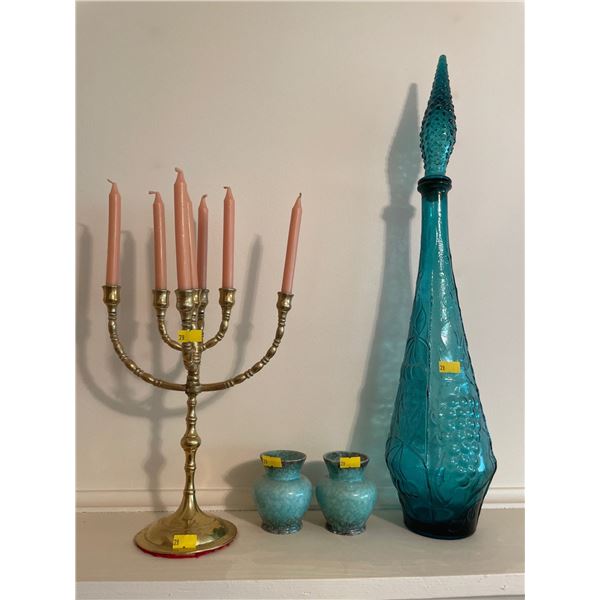 Assorted Collection Of Inside Home Decor - Blue Glass Decanter, Candle Holder & More