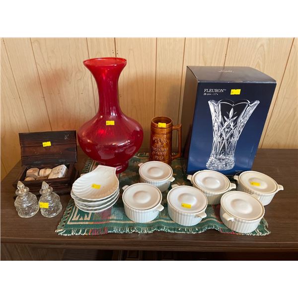 Assorted Collection of Home Items Crystal Vase in Box Red Vase Stein and More