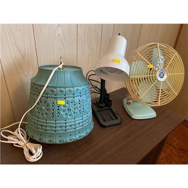 Collection Of Vintage Retro Items - Hanging Lamp, Desk Lamp, & Table Fan