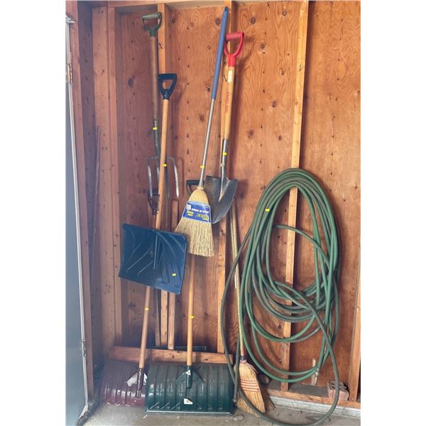 Assorted Collection Of Garage Items - Shovels, Brooms, Hose & More