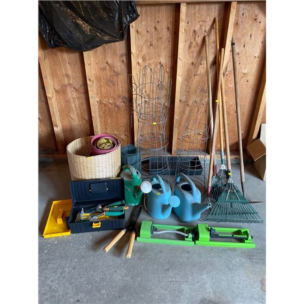 Assorted Collection Of Gardening Tools & More - Rakes, Sprinklers, Watering Cans & More