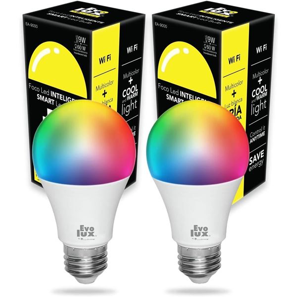 NEW 2 PACK OF EVO LUX SMART LED BULBS, COOL WARM