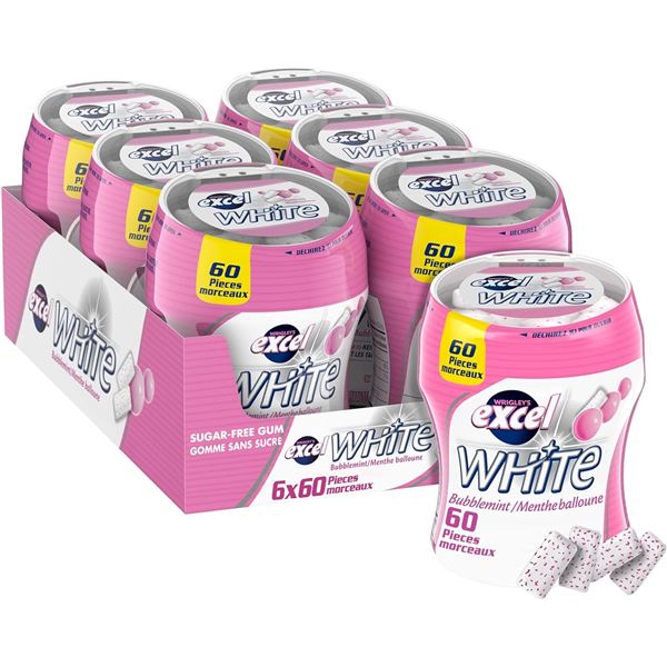 NEW CASE OF 6 EXCEL WHITE BUBBLEMINT GUM BOTTLES