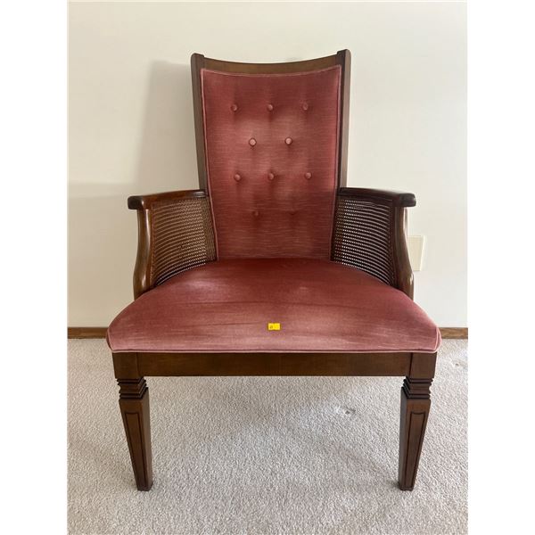 Dusty Rose Walnut & Wicker Armchair 25W x 28D x 38