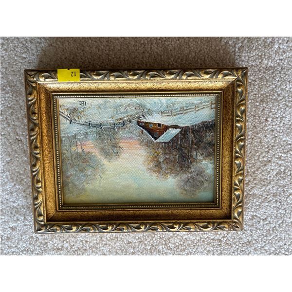 Lee Palamrk 1989 Oil Painting Winter Cabin 9 x 7 Tiny