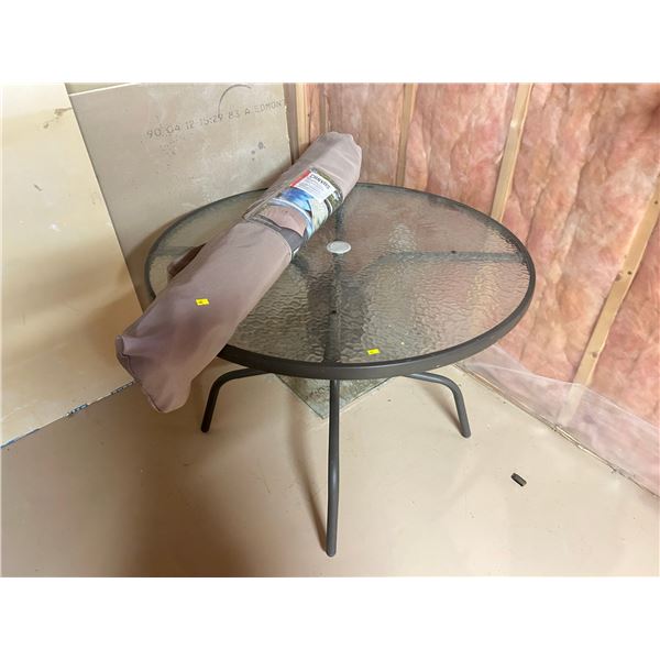 Glass Patio Table 38" dia w/ Umbrella and Lounger Chair   Chair