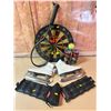 Image 1 : Assorted Sporting Equipment and Figure Skates Dart Board  Weights Tennis Racket Balls