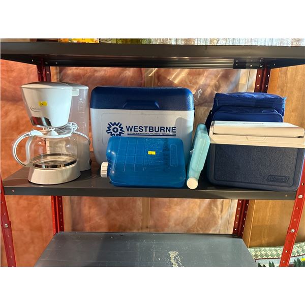 Multiple Camping Coolers & Betty Crocker Coffee Pot   with Ice packs for coolers