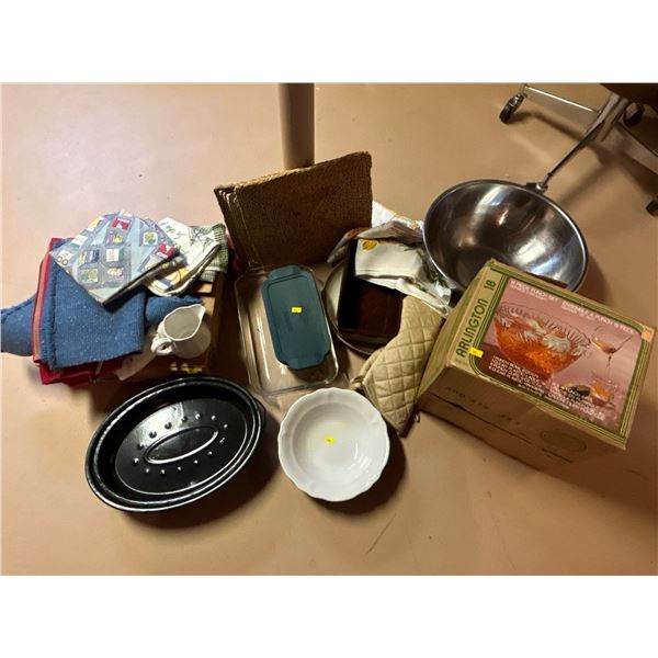 Various Pyrex Dishes, Brand New Coffee Cups Vintage Linens, Roaster & More