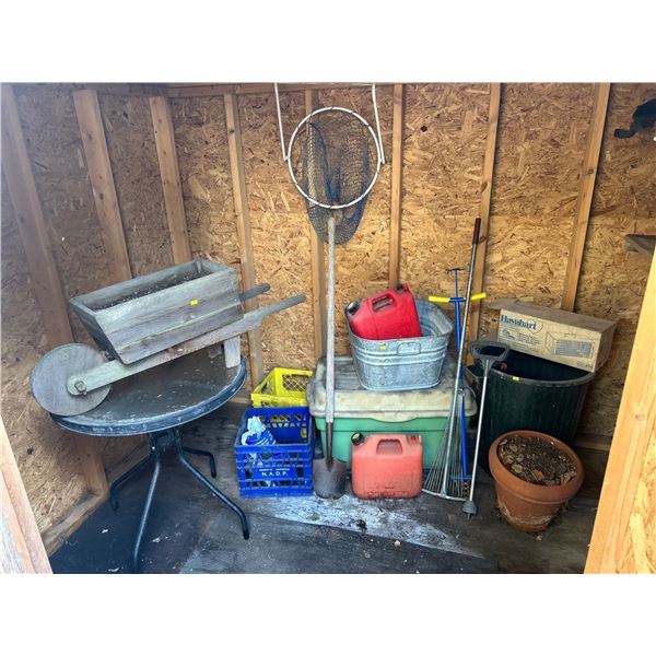 Misc Shed Items w/ Garden Pots   Gas Can, Rake, Small Patio Table,