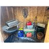 Image 1 : Misc Shed Items w/ Garden Pots   Gas Can, Rake, Small Patio Table,