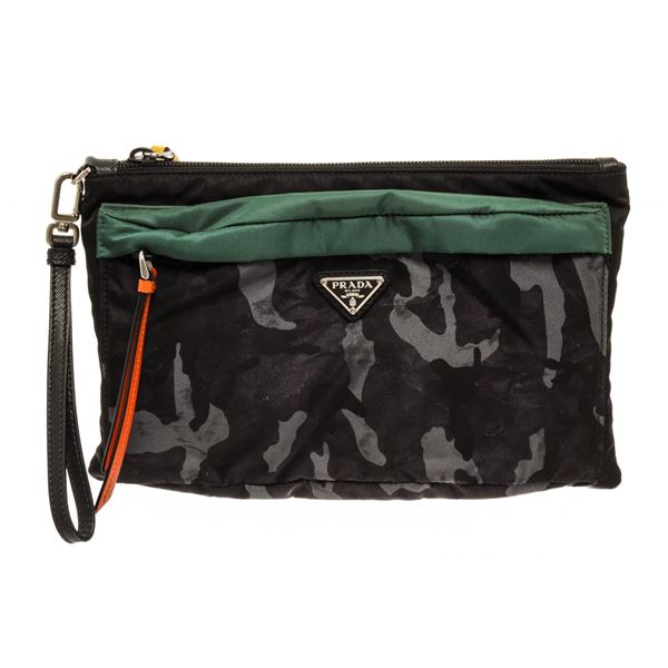 Prada Black, Gray, Green Nylon Camouflage Zip Clutch Bag