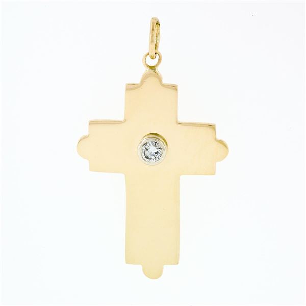 Vintage 14k Yellow Gold Wide Polished 0.15 ctw Bezel Diamond Cross Charm Pendant